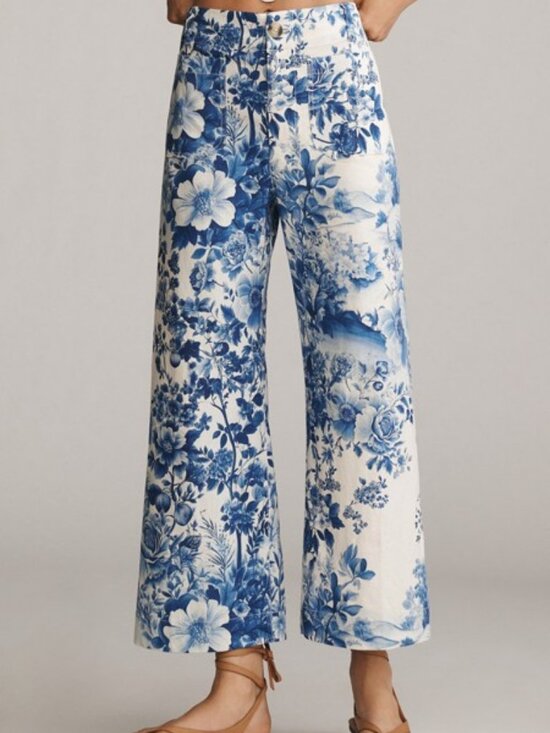 Anthropologie Pants - Maeve Colette Linen Pants Blue Floral Toile Wide Leg High Rise Anthropologie 27